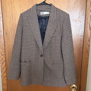 Zara Tan and Black Houndstooth ‘Professor’ Blazer Size Medium Elbow Patch